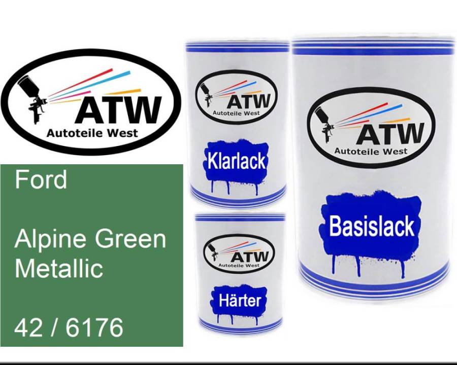 Ford, Alpine Green Metallic, 42 / 6176: 500ml Lackdose + 500ml Klarlack + 250ml Härter - Set, von ATW Autoteile West.
